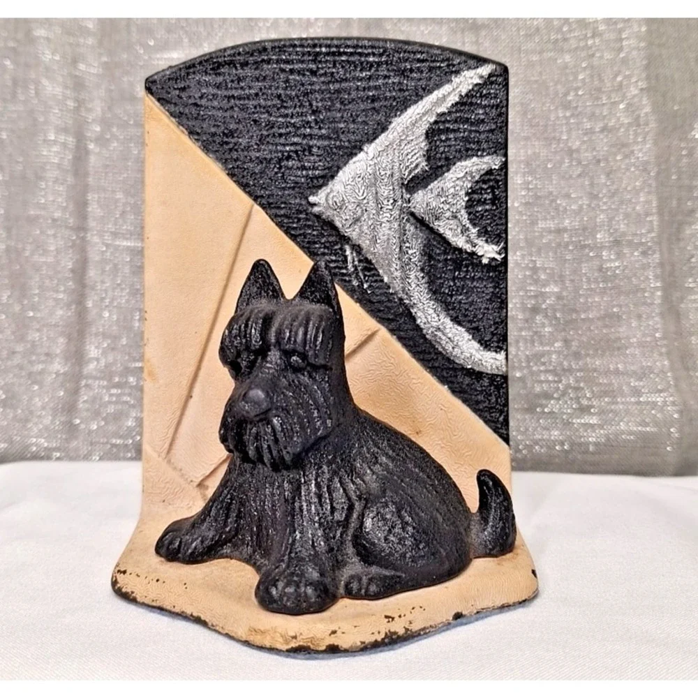 Art Deco Scottie Dog &‎ Angel Fish Cast Iron Statue Decor 1 Bookend Vintage Rare